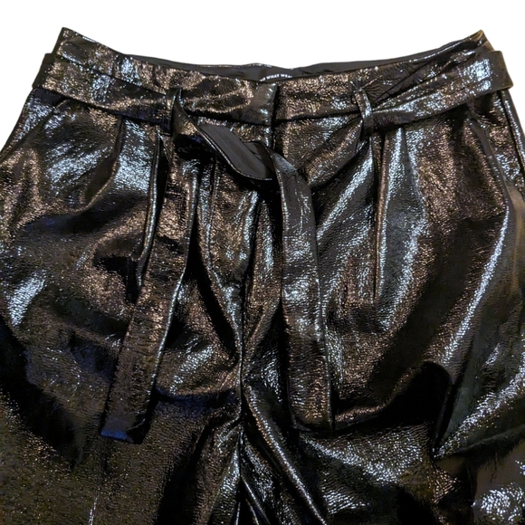 WHO WHAT WEAR Black High Tie Waist Textured Vinyl Straight Trouser Pants - 8 - Picture 16 of 16
